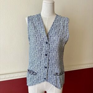 Vintage‎ TAXI blue & white geometric button front contrast fabric rayon vest